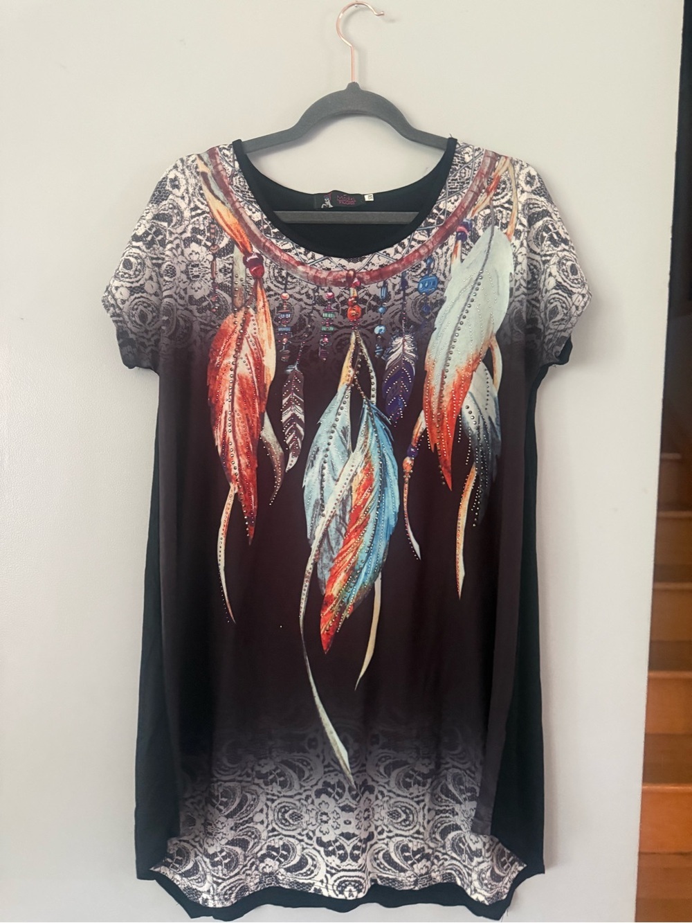MODEL INTERNATIONAL Feather Dreamcatcher Rhinestone Tunic Top Dress S/M